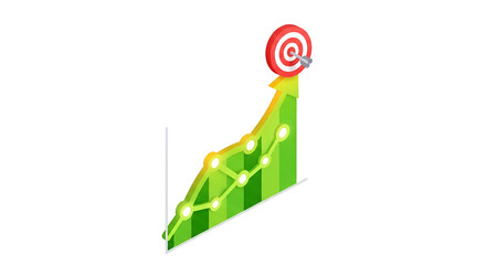 3d icon of isometric chart with arrow and target representing business success and achievement
