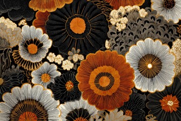 Floral artwork, close-up view; blooming flowers with intricate design, dark background