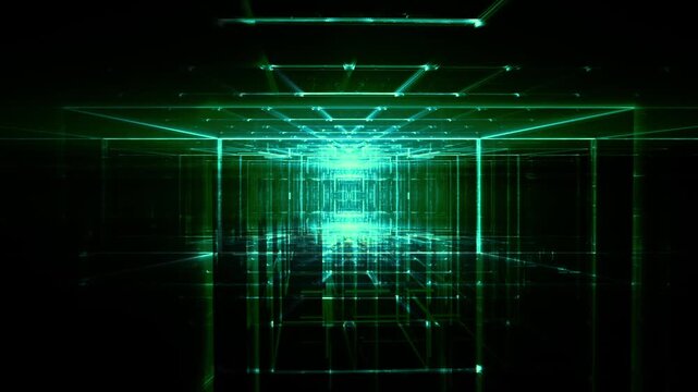 Leuchtende gitterf&ouml;rmige Geometrie f&uuml;r Technologie, Energie, Produktion & Datentransfer &ndash; moderne Architektur, Planung & Sicherheit visualisiert, gr&uuml;n
