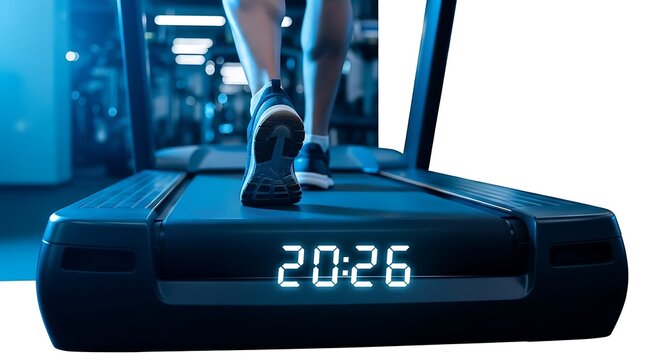Person running on a treadmill with a digital display showing the time