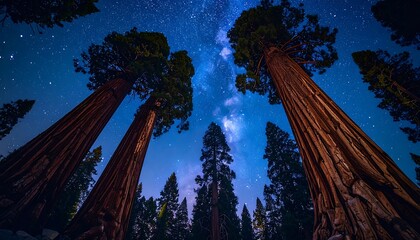 Towering sequoia trees reach into a starry, dark blue night sky, captured from a low angle perspective