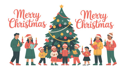 Merry Christmas: A heartwarming scene unfolds as a family gathers around a beautifully adorned Christmas tree, singing carols with candles in their hands.
