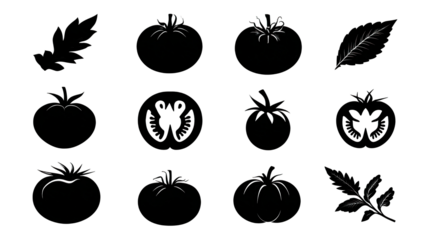 A series of stylized tomato illustrations accompanied by green leaves, showcasing different tomato shapes and textures.