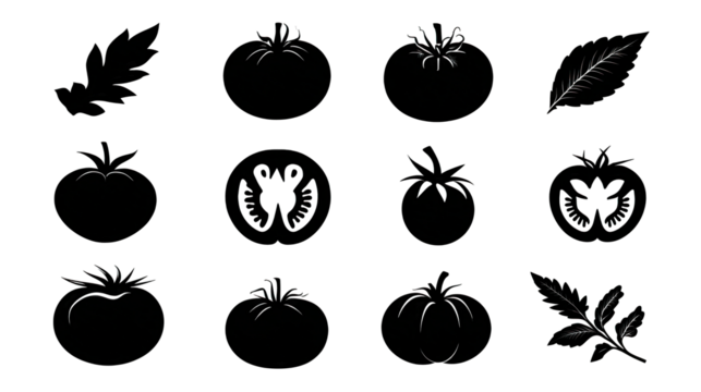 A series of stylized tomato illustrations accompanied by green leaves, showcasing different tomato shapes and textures.