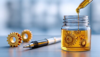 Close-up of gears submerged in oil inside a jar, with a pen, and drops falling from a dropper