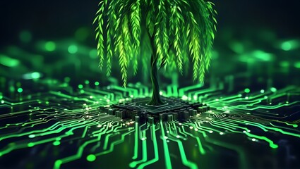 Generative AI illustration of digitally created image of tree with foliage growing from a circuit board illustrating the concept of technology