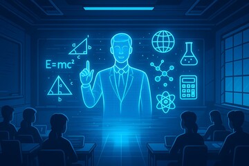 Inspiring science teacher guides students through complex formulas in futuristic classroom