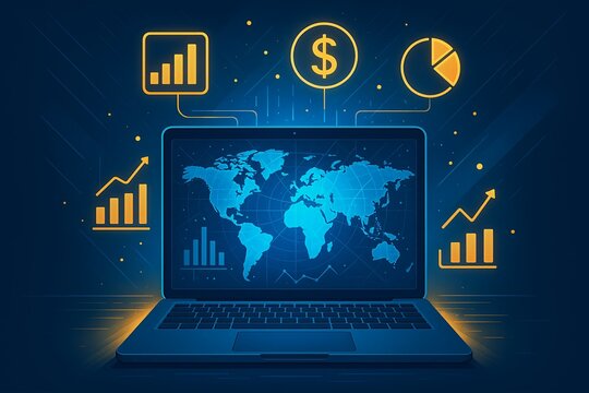 Global business growth analytics and financial strategy visualized on a laptop