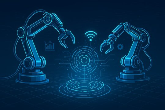 Robotic arms collaborate on futuristic digital interface, symbolizing AI and automation.