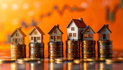 Toy houses atop coin stacks against a warm-toned bokeh background convey real estate & financial growth