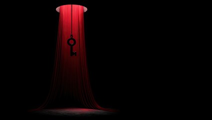 A key hangs suspended in a dark space, illuminated by red fabric