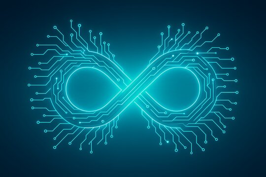 Dynamic circuit board infinity symbol symbolizes continuous innovation and digital progress