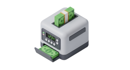 3d icon of toaster with money concept of investment, savings, and financial planning