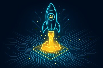 AI rocket launching from digital circuit board signals technology innovation and future growth