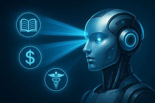 AI robot processing knowledge, finance, and healthcare data for intelligent solutions