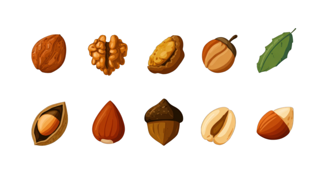 A collection of various nuts and a leaf, showcasing their unique shapes and textures in a stylized illustration.