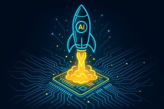 AI rocket launching from digital circuit board signals technology innovation and future growth