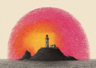 Lighthouse at sunset on a small island