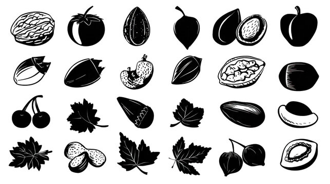 A collection of various organic shapes and textures, possibly representing seeds, nuts, and plant elements in a minimalistic style.