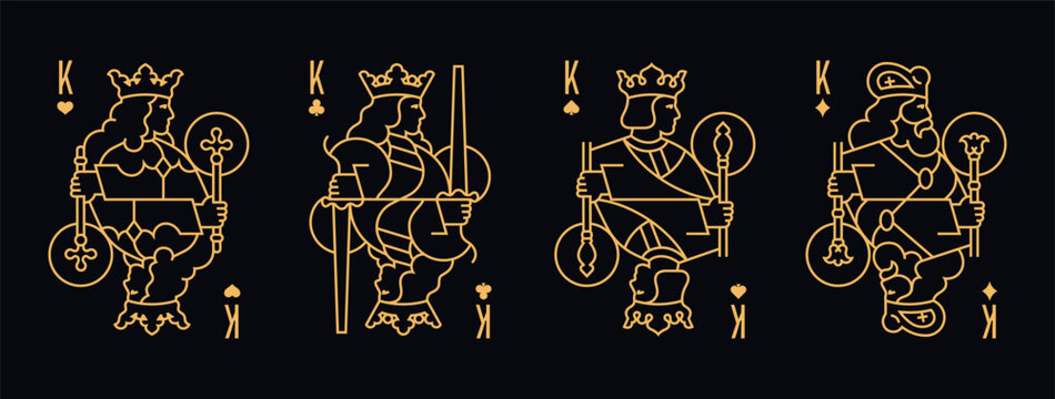 Vector illustration of a set of four King playing cards: Clubs, Diamonds, Hearts, Spades. Elegant and classic design for poker, casino, and entertainment projects.