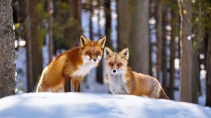 Male and Female Fox in Snowy Winter Woods Wildlife Scene