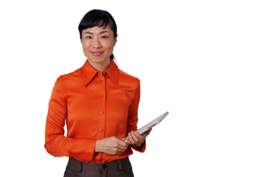 Professional asian businesswoman smiling, holding a tablet, and looking at camera. Featuring a businesswoman on transparent background - Powered by Adobe