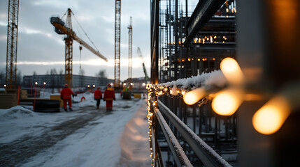 Winter construction site, illuminated with festive lights. Workers in red suits walk by cranes on a snowy day. Building progress with a touch of seasonal cheer.