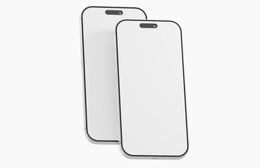 Two modern smartphones with blank screens, perfect for mockup presentations or app UI design showcasing. Clean,