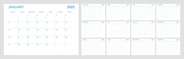 Classic monthly calendar for 2025. Calendar in the style of minimalist square shape. The week starts on Monday. English text
