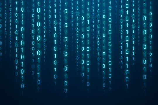 Dynamic blue binary code streams flow in digital abstract background