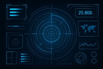 Futuristic digital interface displaying data analytics, global map, and progress charts