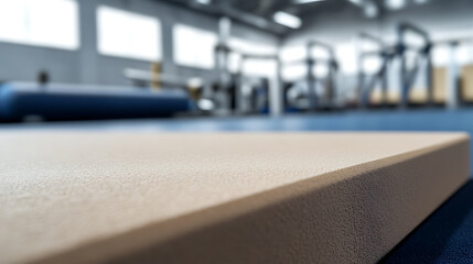 Close-up of a beige textured surface in a workshop setting. Blurred gym equipment in the background, creating a sense of focus and depth. A workspace ready for action!
