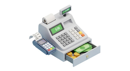 3d icon of isometric cash register with money and pos terminal concept of payment