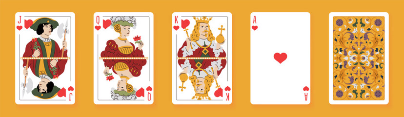 Fototapeta premium Vector illustration of a Hearts suit card set: Jack, Queen, King, Ace, card back with ornate. Elegant and classic playing cards with decorative pattern for poker, casino, and entertainment projects.