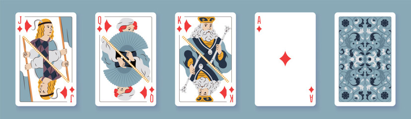 Vector illustration of a Diamonds suit card set: Jack, Queen, King, Ace, card back with ornate. Elegant and classic playing cards with decorative pattern for poker, casino, and entertainment projects.