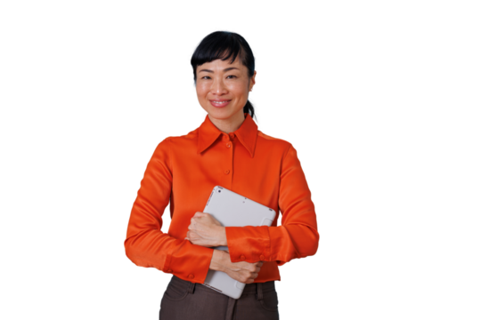 Asian businesswoman smiling confidently while holding a digital tablet in an orange shirt, transparent background - Powered by Adobe