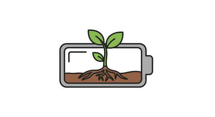 Conceptual illustration of green energy with a plant seedling growing inside a battery, symbolizing eco-friendly, sustainable, and renewable power