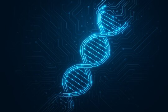 Vibrant DNA helix glows against intricate circuit board digital background - Powered by Adobe