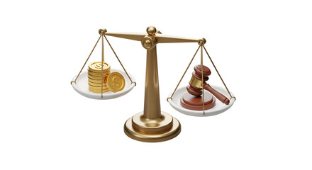 3d icon of scales of justice with money and gavel representing legal balance