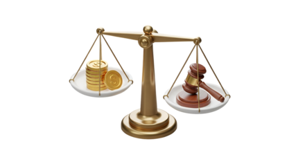 3d icon of scales of justice with money and gavel representing legal balance