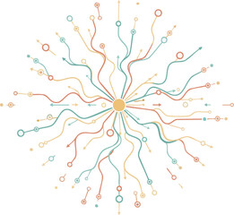 network, radial, connections, nodes, lines, abstract, data, flow, branching, system, visualization, diagram, structure, communication, pathways, colorful, orange, teal, yellow, central hub, connectivi