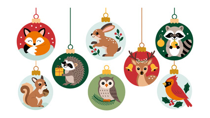 Festive Ornaments of Forest Friends: Delightful illustrations of woodland creatures adorn colorful ornaments, bringing holiday cheer with a touch of nature's beauty.