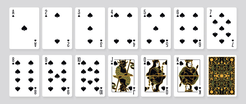 Vector illustration of a Spades suit card set: Jack, Queen, King, Ace, card back with ornate. Elegant and classic playing cards with decorative pattern for poker, casino, and entertainment projects.