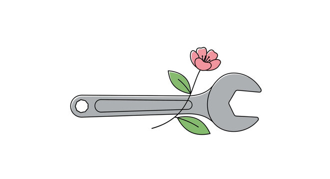 Graphic of a wrench and blooming flower, symbolizing sustainable progress, eco-friendly solutions, and harmonious integration of technology with nature for positive growth