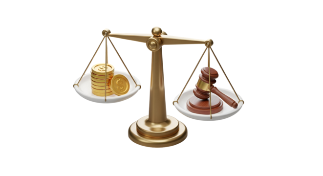 3d icon of scales of justice with money and gavel representing legal balance