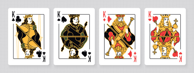 Vector illustration of a set of four King playing cards: Clubs, Diamonds, Hearts, Spades. Elegant and classic design for poker, casino, and entertainment projects.
