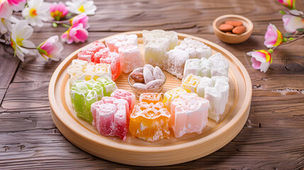 A vibrant combination consisting of Turkish delight, with colorful candies in the middle, surrounded by white chunks, dotted with almonds, placed on a wooden plate, illuminated by natural light with s