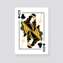 Vector illustration of the Queen of Clubs playing card. Elegant and classic design symbolizing royalty, luck, and card games, perfect for casino and entertainment projects.
