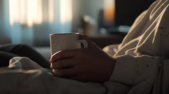 A person relaxes at home, holding a warm beverage in a white mug. The natural light creates a cozy and peaceful atmosphere, perfect for unwinding after a long day.