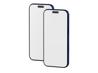 Two smartphones side by side with blank white screens perfect for displaying apps or designs. Isolated on white